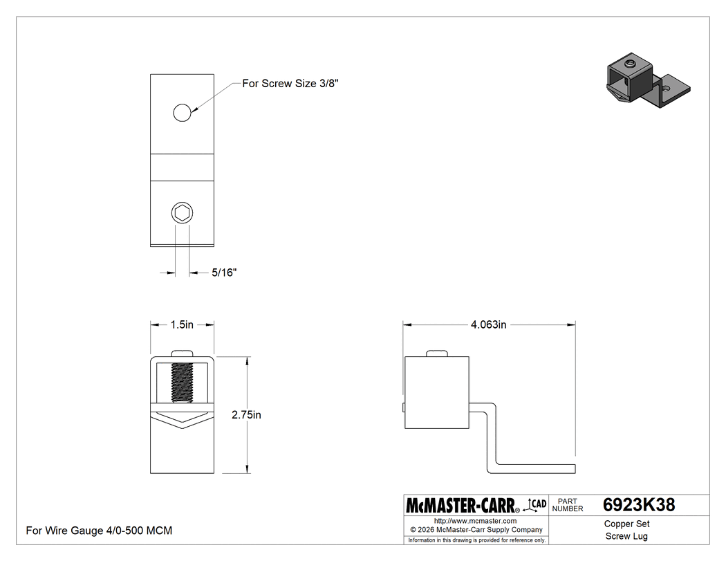 Technical Drawing of Copper Set Screw Lug, Offset, for 4/0-500 MCM Wire Gauge.
